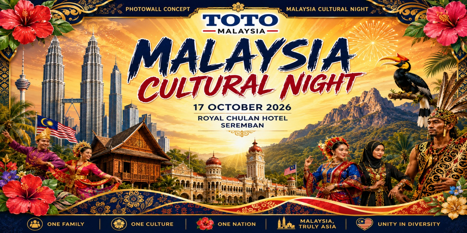 TOTO Malaysia Cultural Night poster — 17 October 2026, Royal Chulan Hotel, Seremban, celebrating Malaysia's cultures